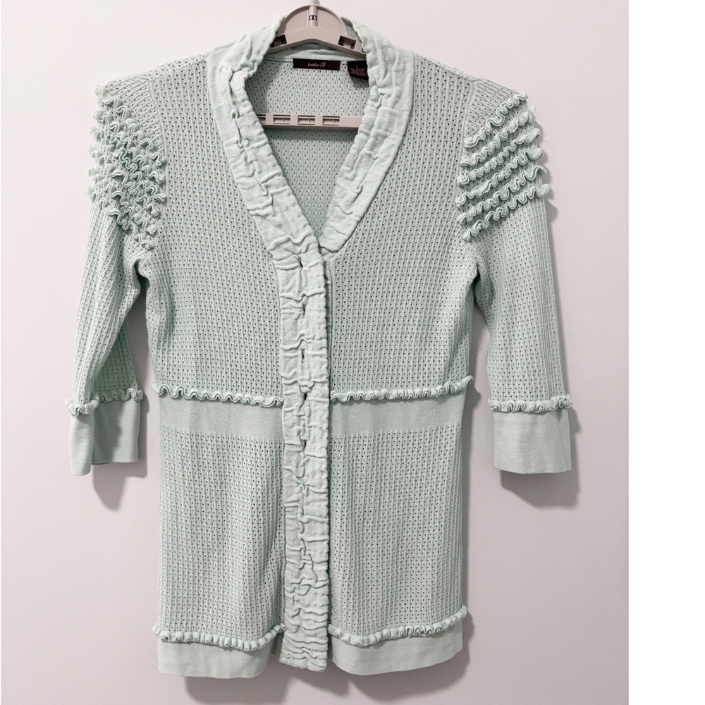 Heather B Cardigan Women Large Mint Green Ruffle Trim Pointelle Knit Sweater